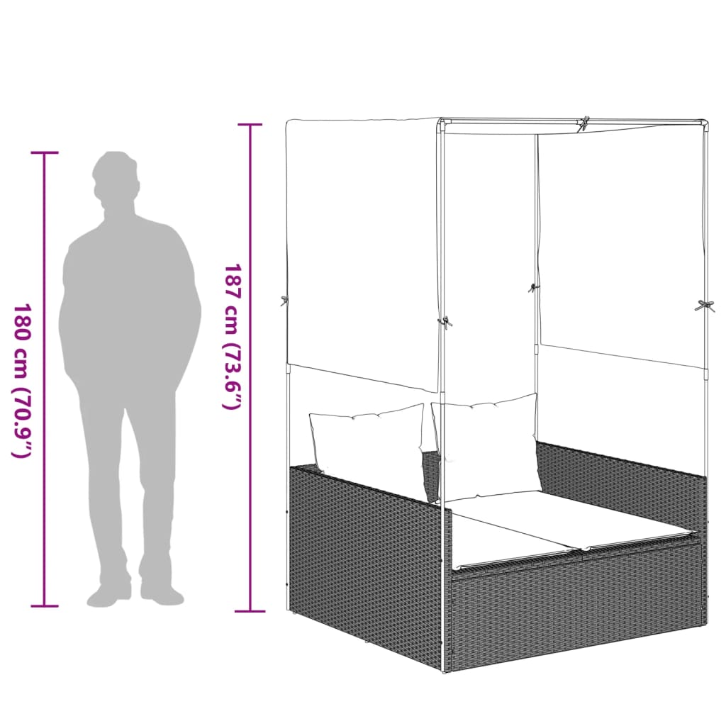 Lettino Prendisole Tetto e Tende Grigio Chiaro in Polyrattan 4002760