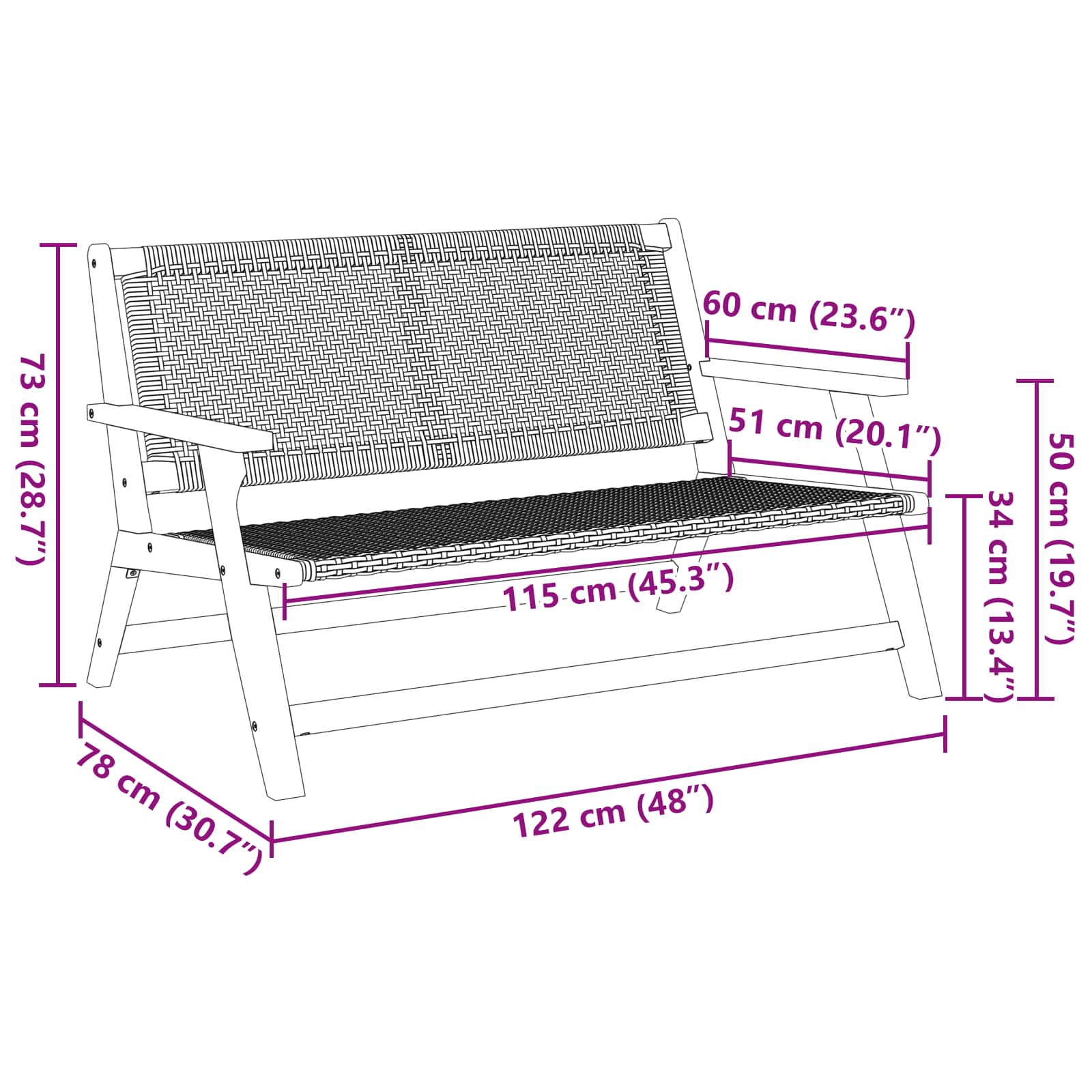 Arredamento da Giardino con cuscino Nero 122 x 78 x 73cm 367819