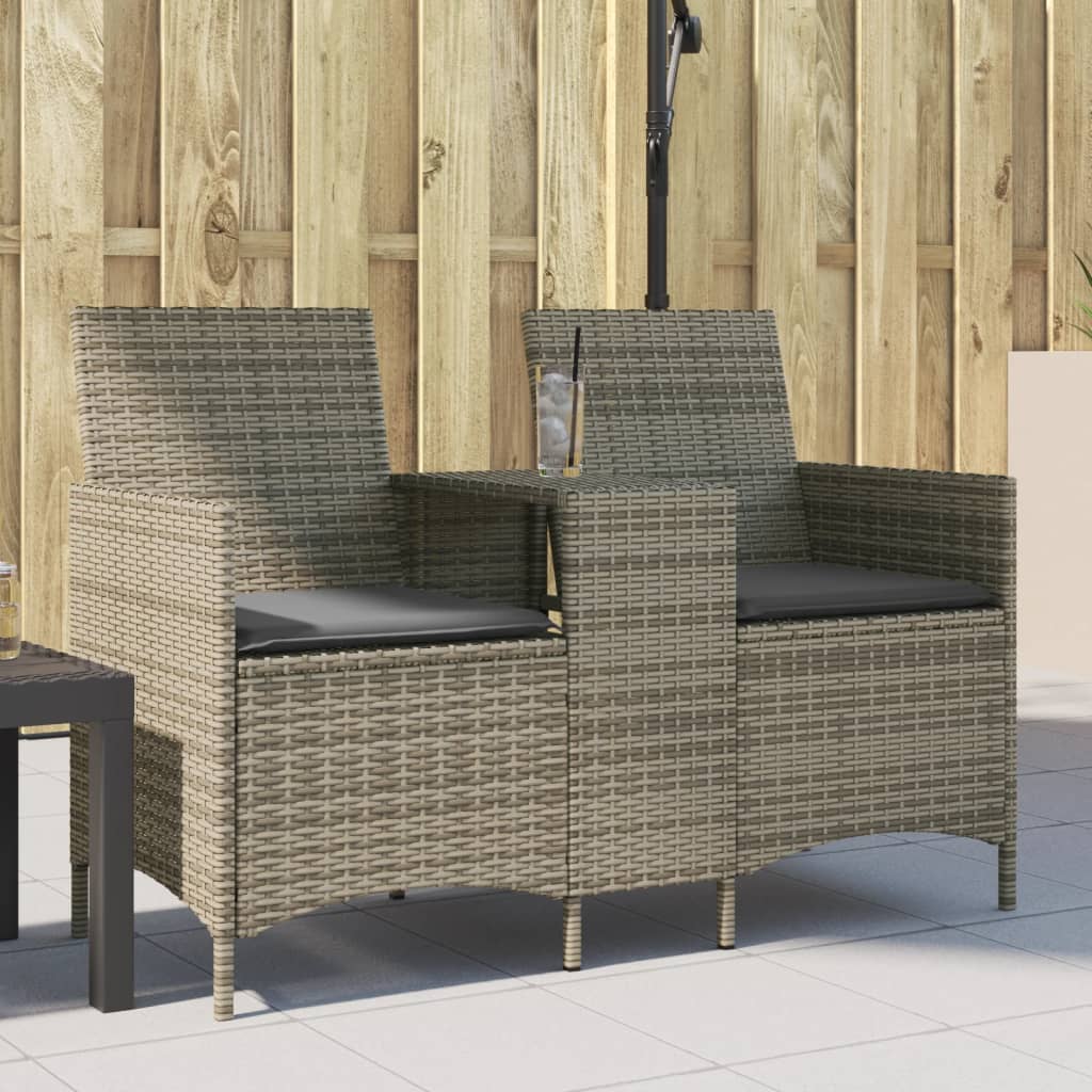 Divano Giardino 2 Posti con Tavolo e Cuscini-Sofa da Giardino-Divanetto da esterno Grigio Polyrattan