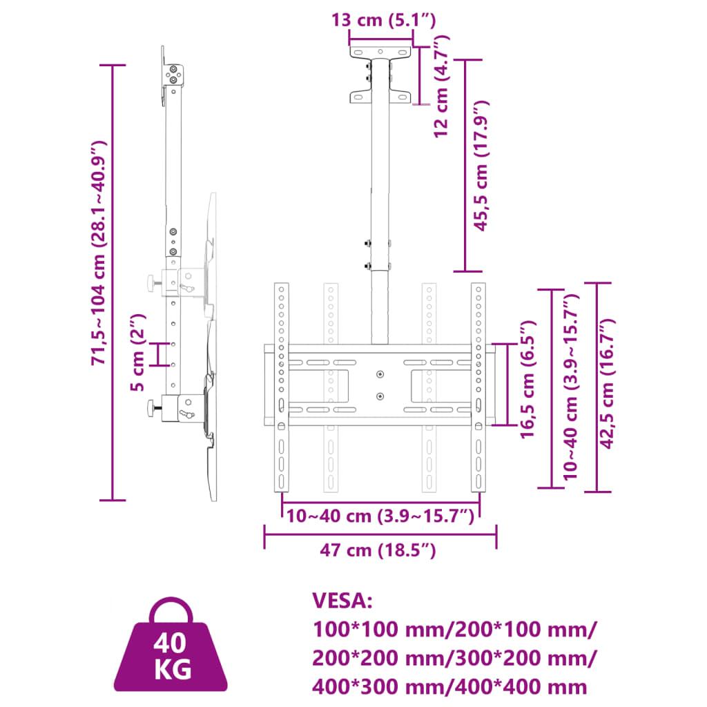vidaXL Porta TV a Soffitto per Schermo 32"-65" Max VESA 400x400mm 40kg