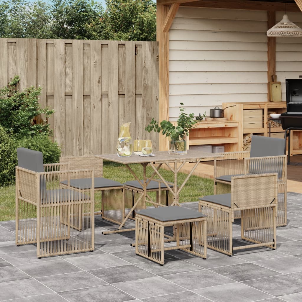 Set da Pranzo da Giardino 7 pz con Cuscini Beige in Polyrattan 369012