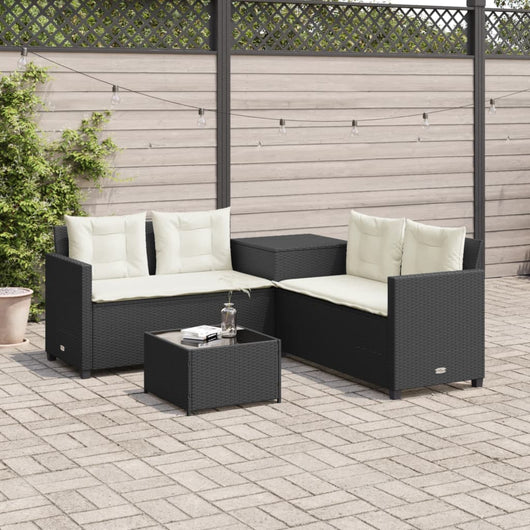 vidaXL Divano da Giardino con Tavolo e Cuscini a L Nero in Polyrattan