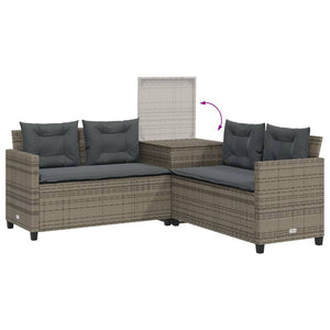 Divano da Giardino con Tavolo e Cuscini a L Grigio Polyrattan 369029