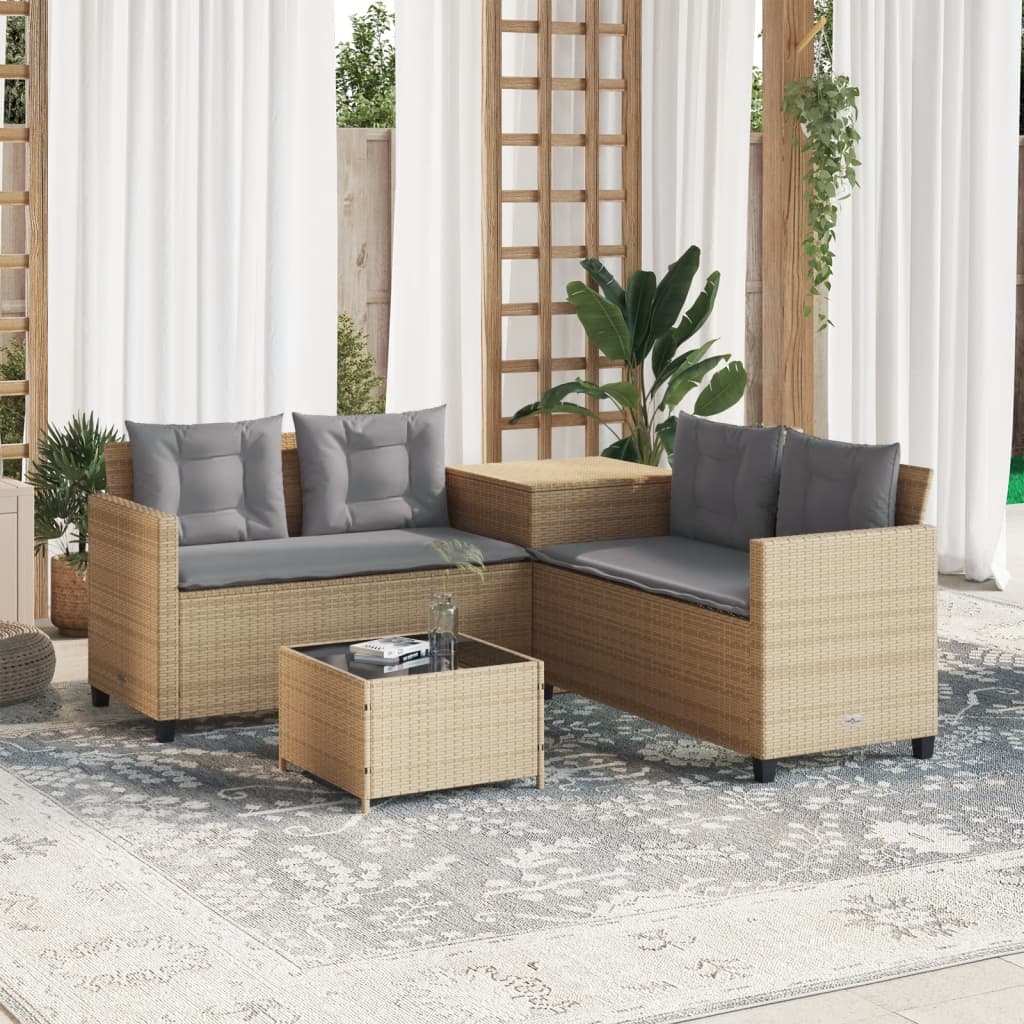 vidaXL Divano da Giardino con Tavolo e Cuscini a L Beige in Polyrattan