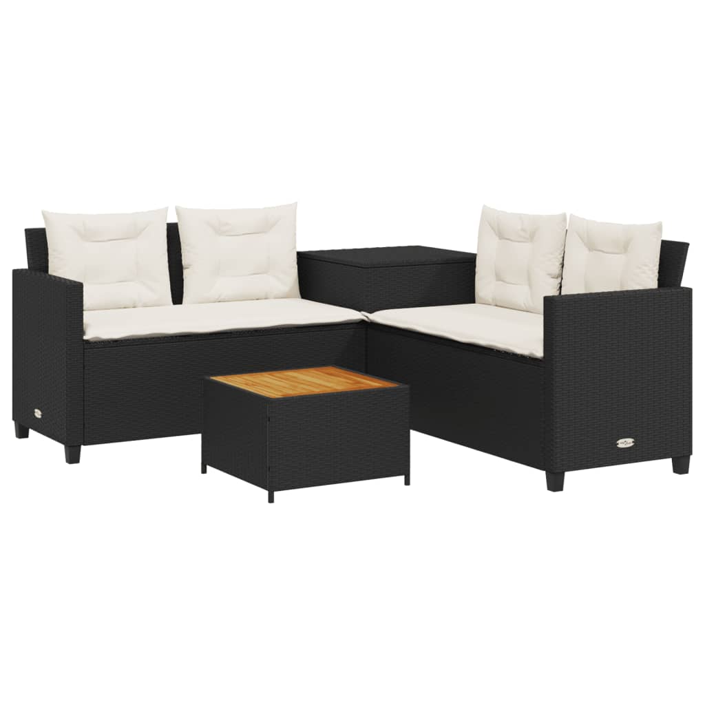 Divano da Giardino con Tavolo e Cuscini a L-Sofa da Giardino-Divano da esterno Nero in Polyrattan 305482