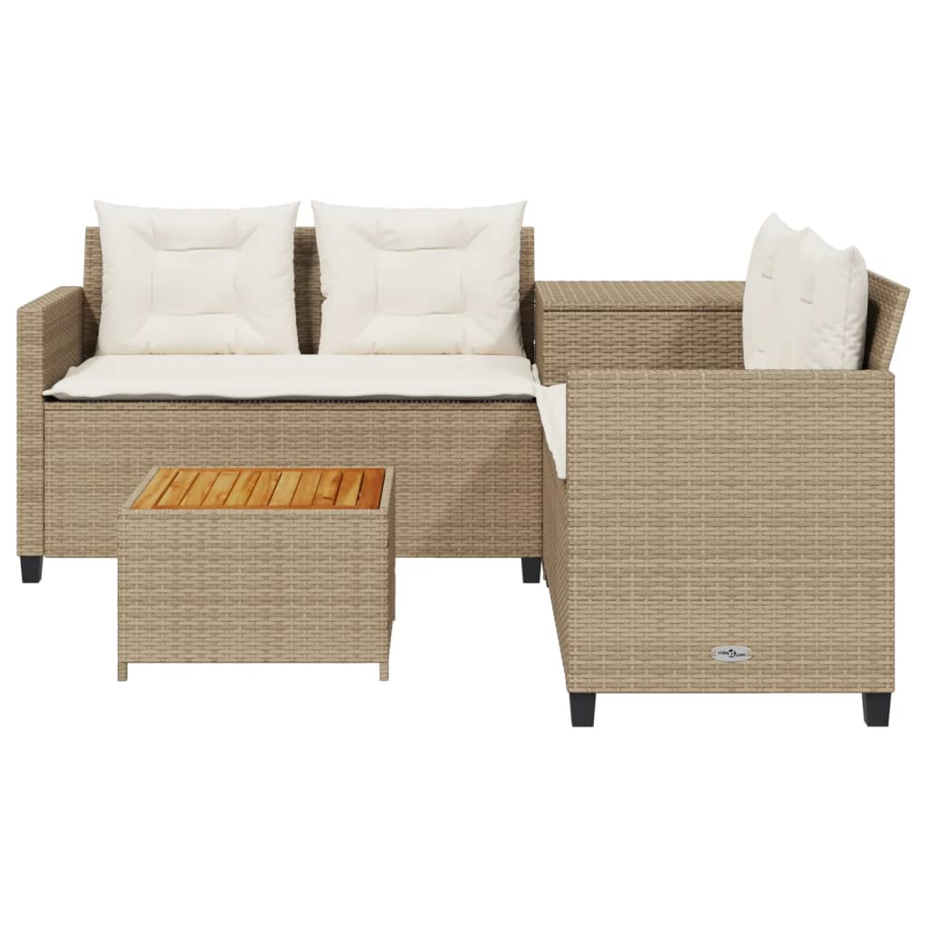 Divano da Giardino con Tavolo e Cuscini a L Beige in Polyrattan 369038