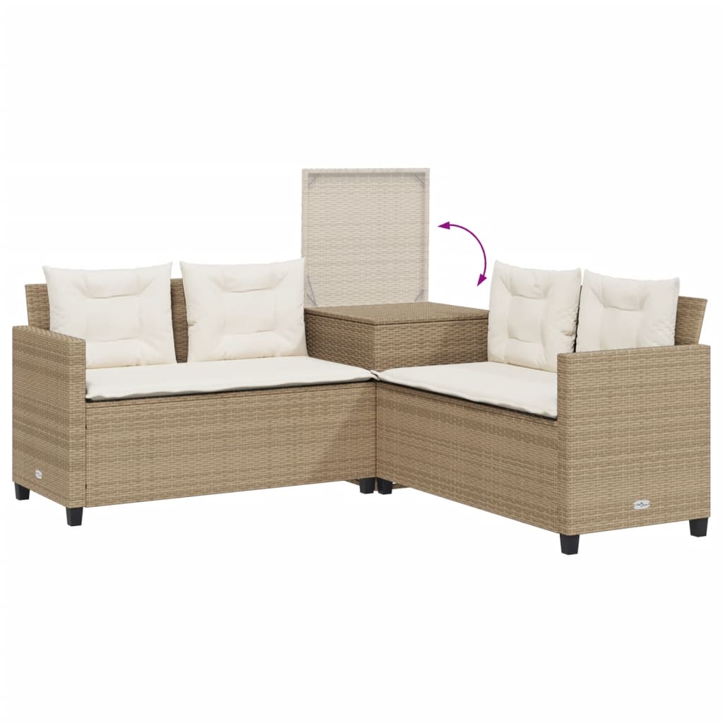 Divano da Giardino con Tavolo e Cuscini a L Beige in Polyrattan 369038