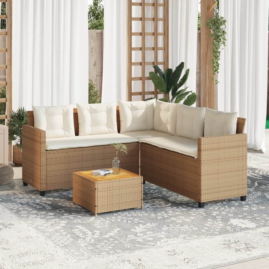 Divano da Giardino con Tavolo e Cuscini a L Beige in Polyrattan 369050