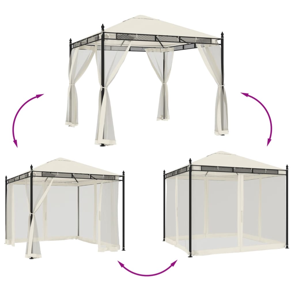 Gazebo con Pareti in Rete Crema 2,93x2,93 m in Acciaio 368434