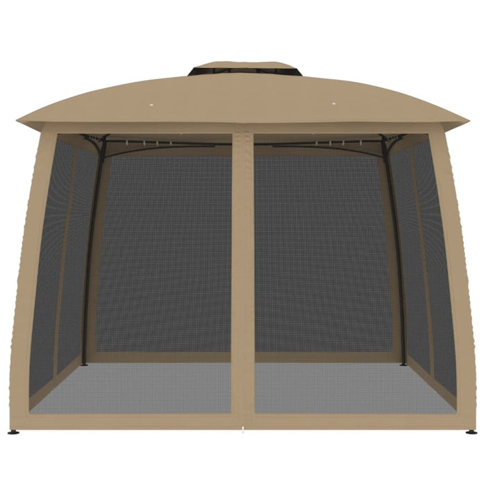 Gazebo con Tetto Doppio/Pareti Rete Tortora 2,93x2,93 m Acciaio