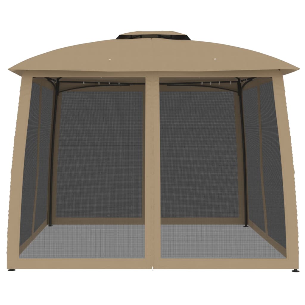 Gazebo con Tetto Doppio/Pareti Rete Tortora 2,93x2,93 m Acciaio