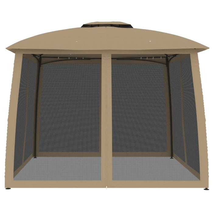 Gazebo con Tetto Doppio/Pareti Rete Tortora 2,93x2,93 m Acciaio