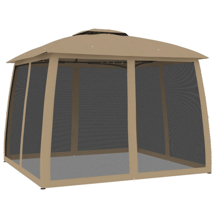 Gazebo con Tetto Doppio/Pareti Rete Tortora 2,93x2,93 m Acciaio