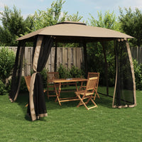 Gazebo con Tetto Doppio/Pareti Rete Tortora 2,93x2,93 m Acciaio