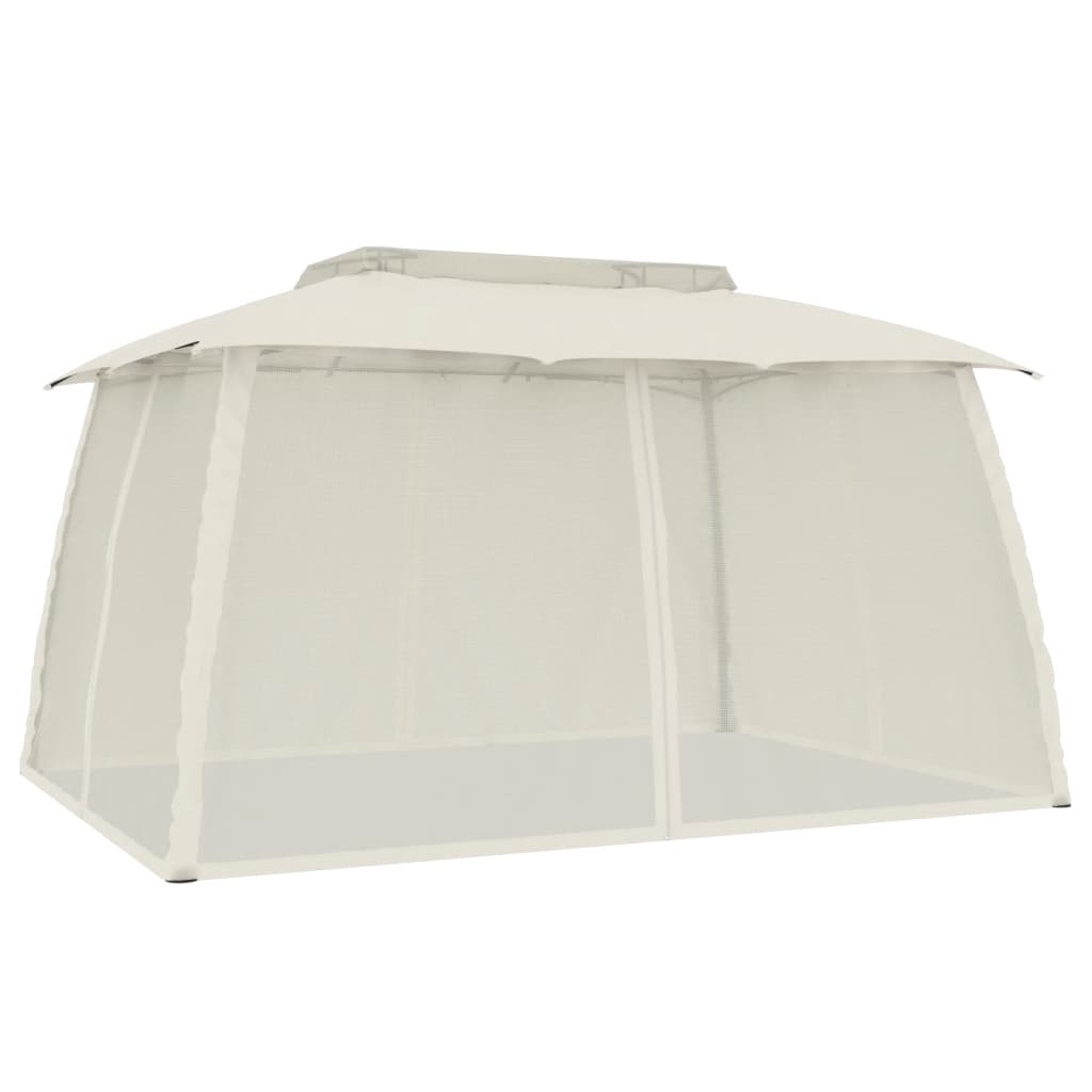 Gazebo con Tetto Doppio e Pareti Rete Crema 3,93x2,93 m Acciaio