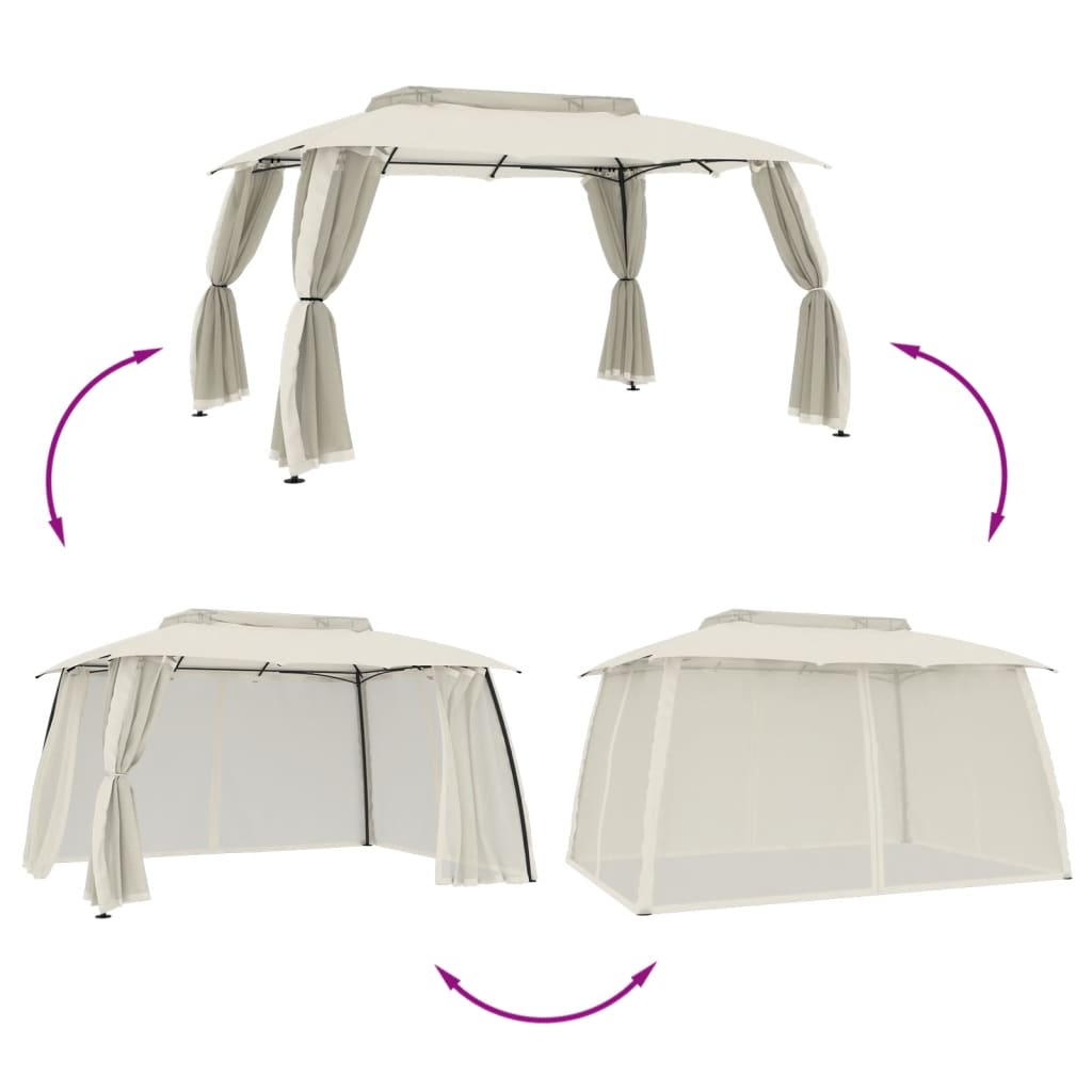 Gazebo con Tetto Doppio e Pareti Rete Crema 3,93x2,93 m Acciaio 368451