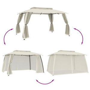 Gazebo con Tetto Doppio e Pareti Rete Crema 3,93x2,93 m Acciaio 368451