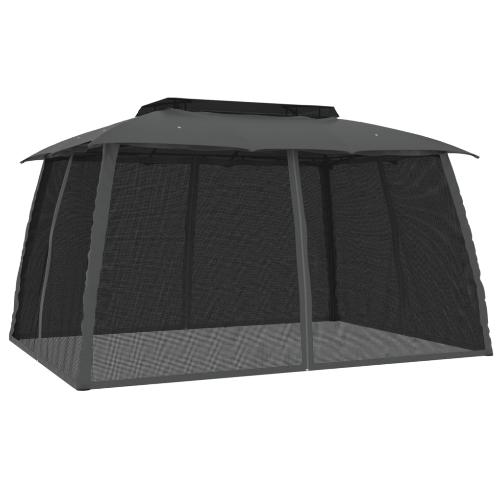 Gazebo Tetto Doppio e Pareti Rete Antracite 3,93x2,93 m Acciaio 368452