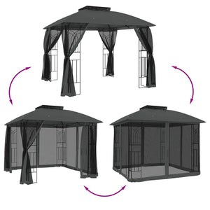 Gazebo Tetto Doppio e Pareti Rete Antracite 2,94x2,94 m Acciaio 368455