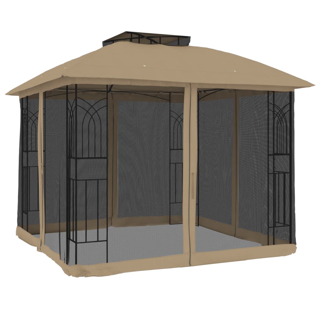 Gazebo con Tetto Doppio/Pareti Rete Tortora 2,94x2,94 m Acciaio 368456