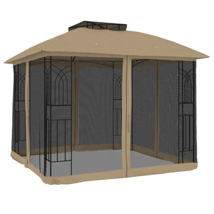 Gazebo con Tetto Doppio/Pareti Rete Tortora 2,94x2,94 m Acciaio 368456