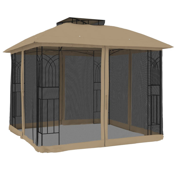 Gazebo con Tetto Doppio/Pareti Rete Tortora 2,94x2,94 m Acciaio 368456