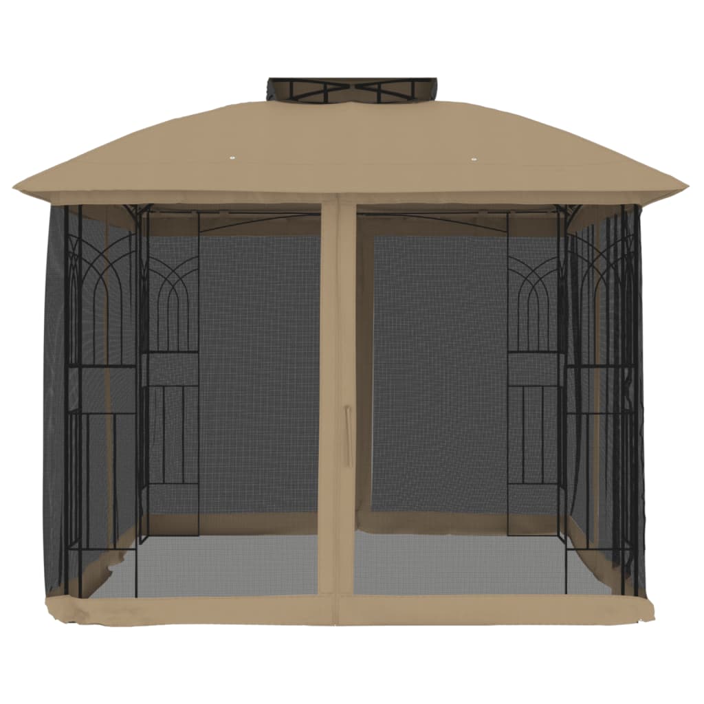 Gazebo con Tetto Doppio/Pareti Rete Tortora 2,94x2,94 m Acciaio 368456