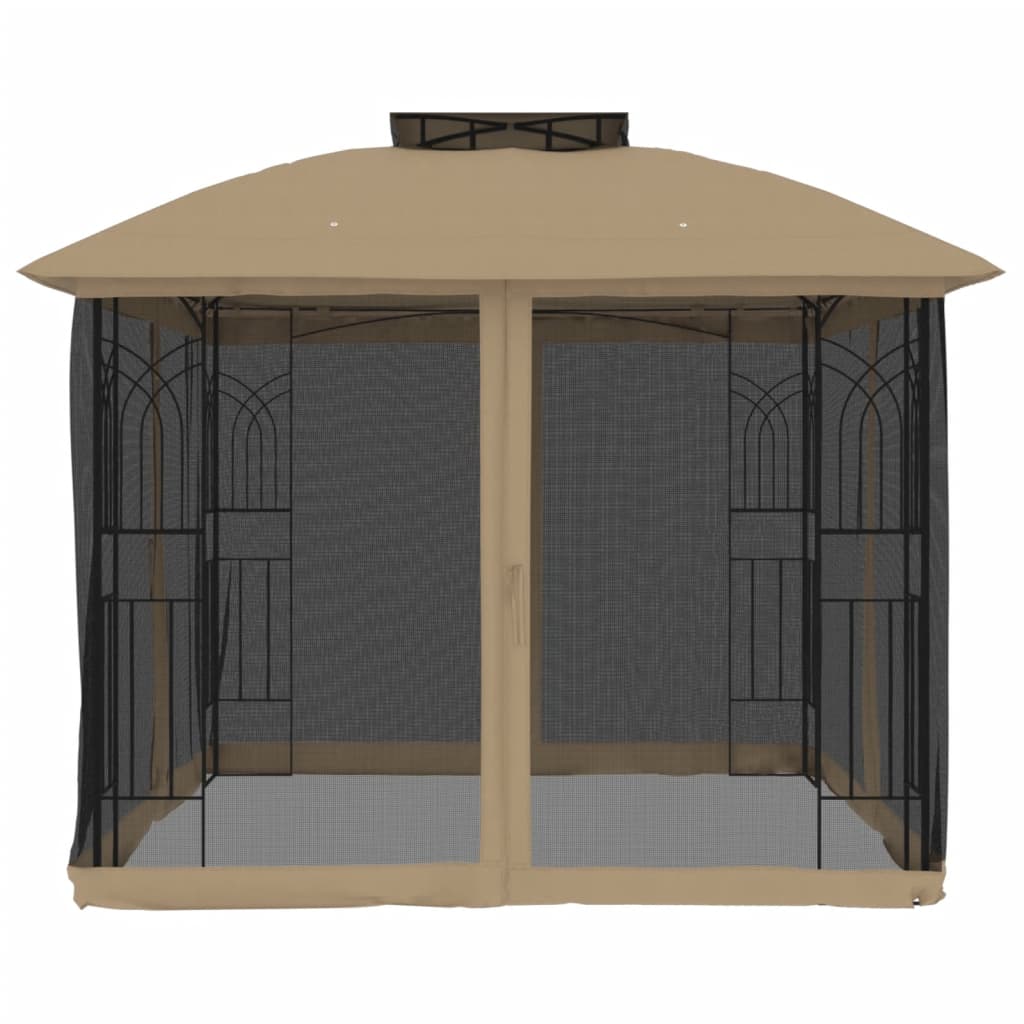Gazebo con Tetto Doppio/Pareti Rete Tortora 2,94x2,94 m Acciaio 368456