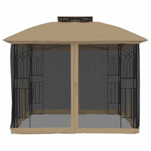 Gazebo con Tetto Doppio/Pareti Rete Tortora 2,94x2,94 m Acciaio 368456