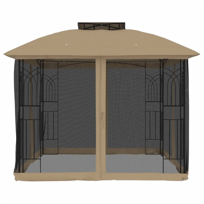 Gazebo con Tetto Doppio/Pareti Rete Tortora 2,94x2,94 m Acciaio 368456