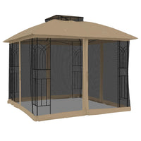 Gazebo con Tetto Doppio/Pareti Rete Tortora 2,94x2,94 m Acciaio 368456