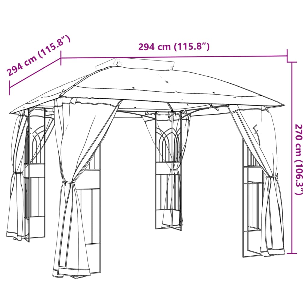 Gazebo con Tetto Doppio/Pareti Rete Tortora 2,94x2,94 m Acciaio 368456