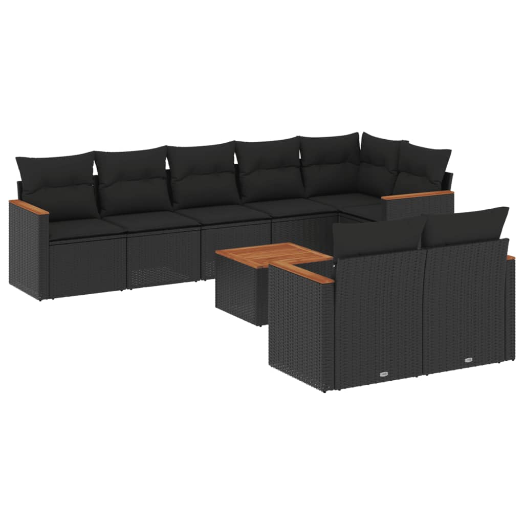 Set Divani da Giardino 9 pz con Cuscini Nero in Polyrattan
