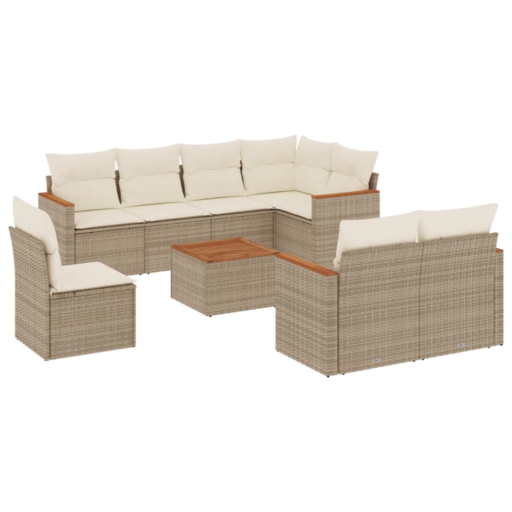 Set Divano da Giardino 9 pz con Cuscini Beige in Polyrattan