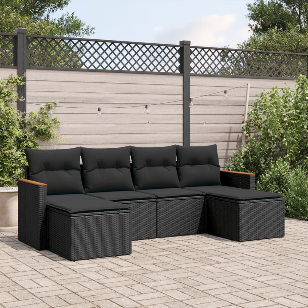 Set Divano da Giardino 6 pz con Cuscini-Sofa da Giardino-Divanetto da esterno Nero in Polyrattan 963148