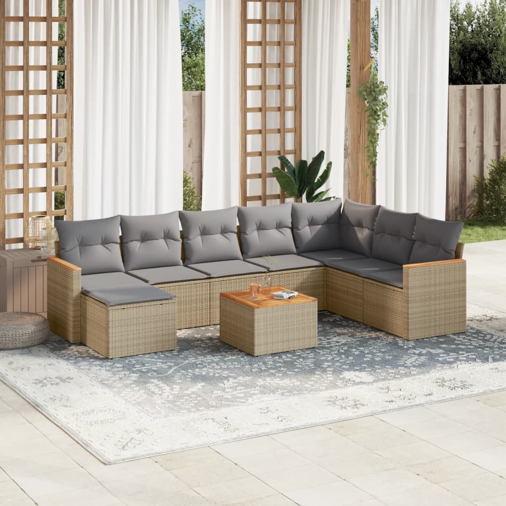 Set Divano da Giardino 9 pz con Cuscini Beige Misto Polyrattan