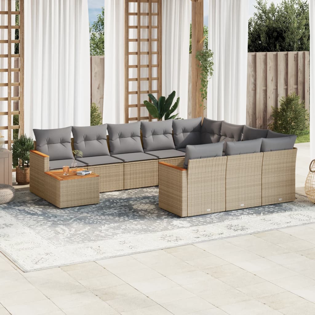 Set Divano da Giardino 11 pz con Cuscini Beige Misto Polyrattan