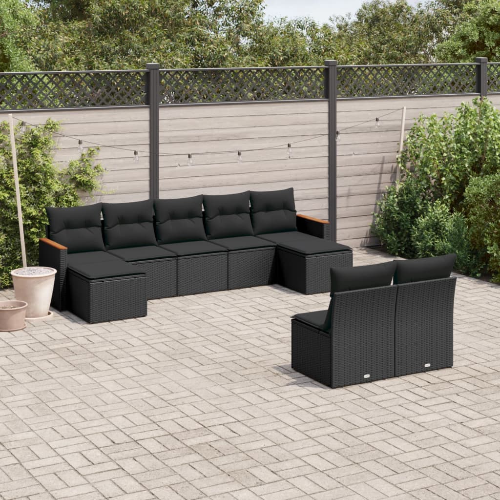 vidaXL Set Divani da Giardino 9 pz con Cuscini Nero in Polyrattan