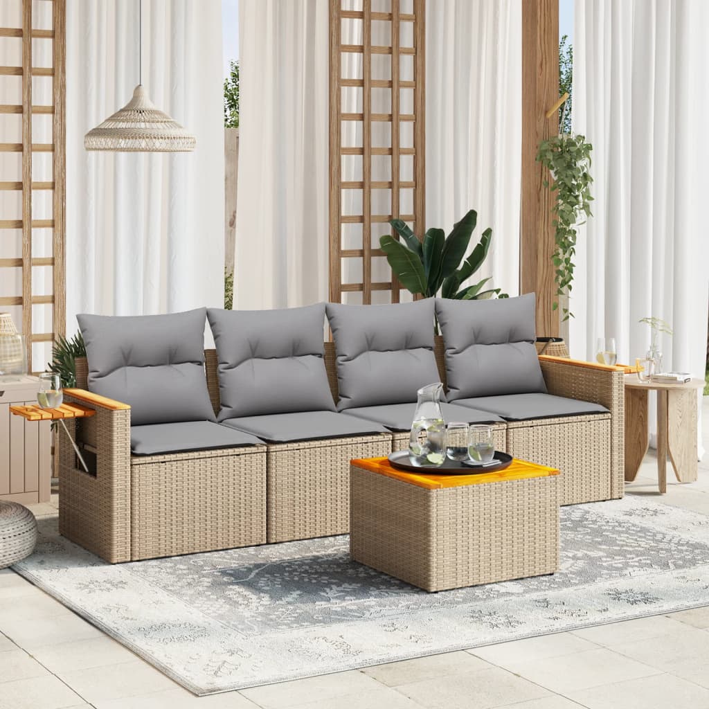 Set Divano da Giardino 5 pz con Cuscini-Sofa da Giardino-Divanetto da esterno Beige in Polyrattan 973914