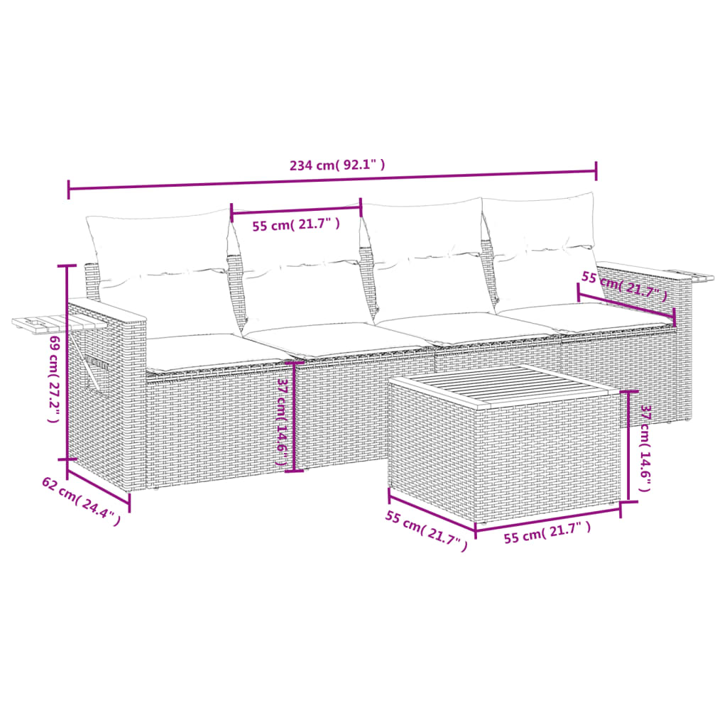 Set Divani da Giardino 5 pz con Cuscini Grigio in Polyrattan