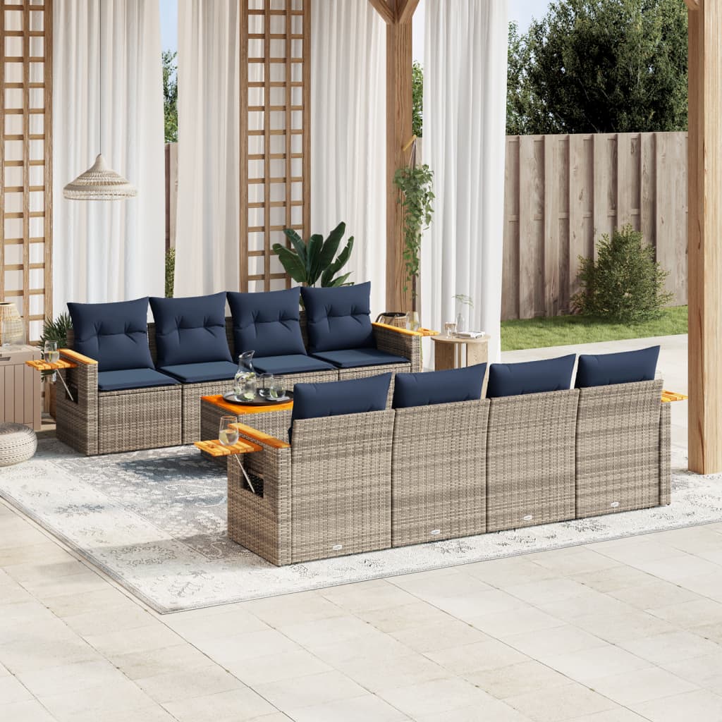 Set Divani da Giardino 9 pz con Cuscini Grigio in Polyrattan