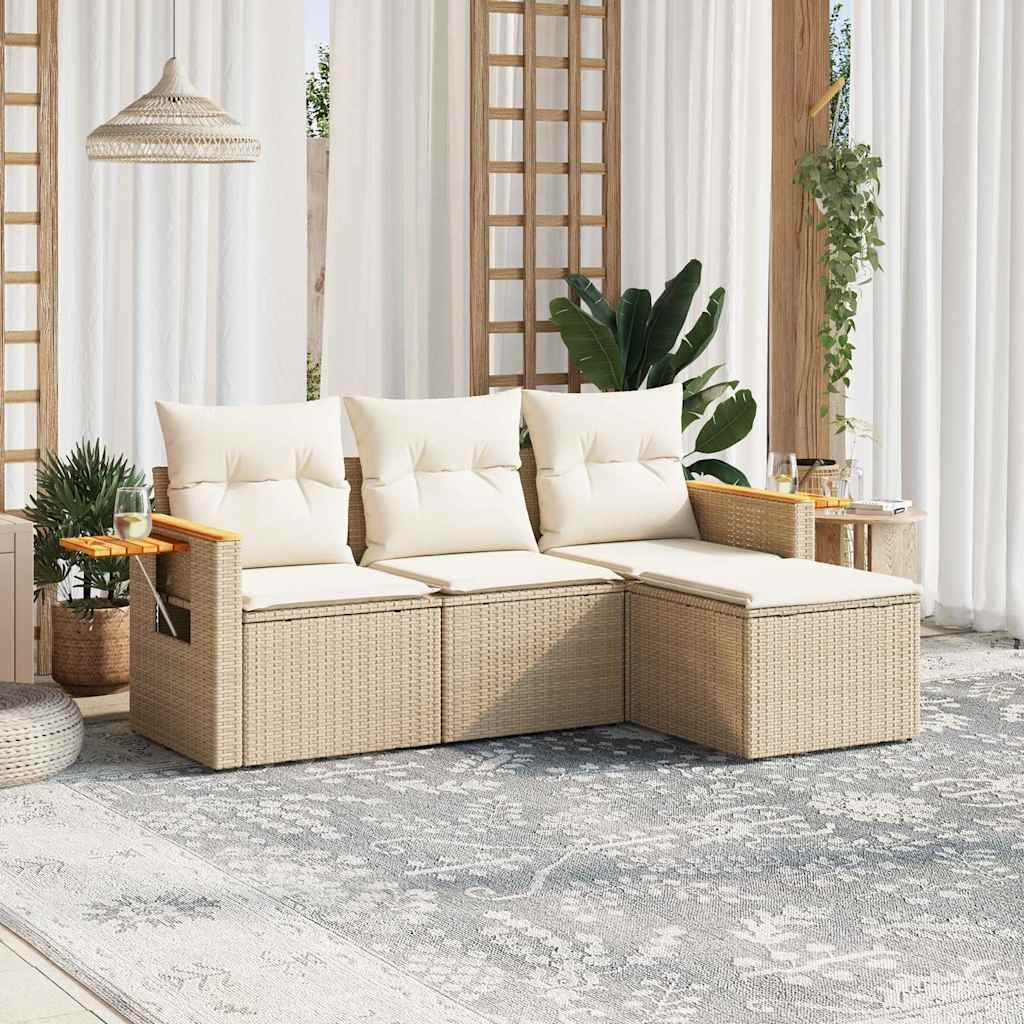 Set Divano da Giardino 4 pz con Cuscini-Sofa da Giardino-Divanetto da esterno Beige in Polyrattan 617051