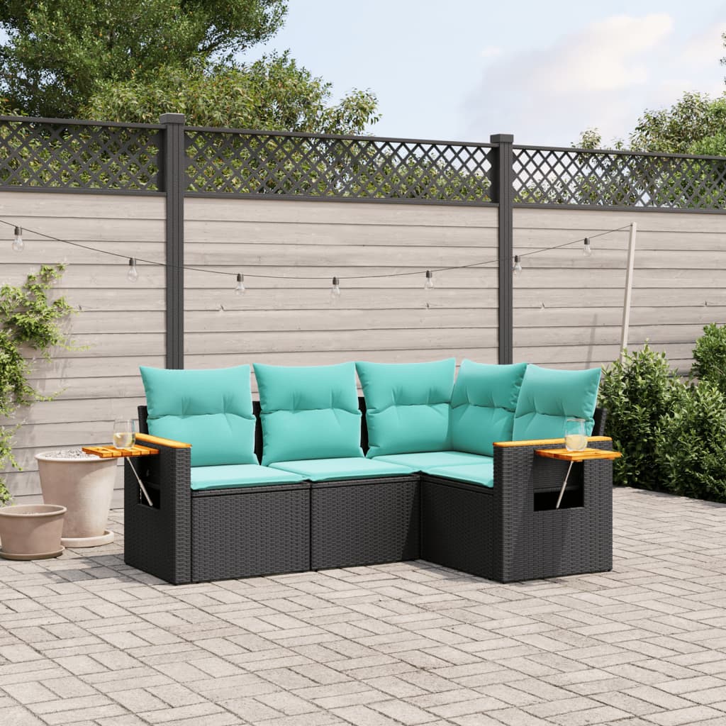 vidaXL Set Divani da Giardino 4 pz con Cuscini Nero in Polyrattan