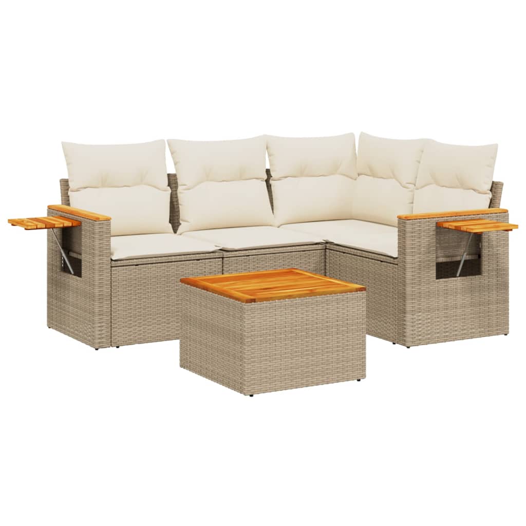Set Divano da Giardino 5 pz con Cuscini Beige in Polyrattan