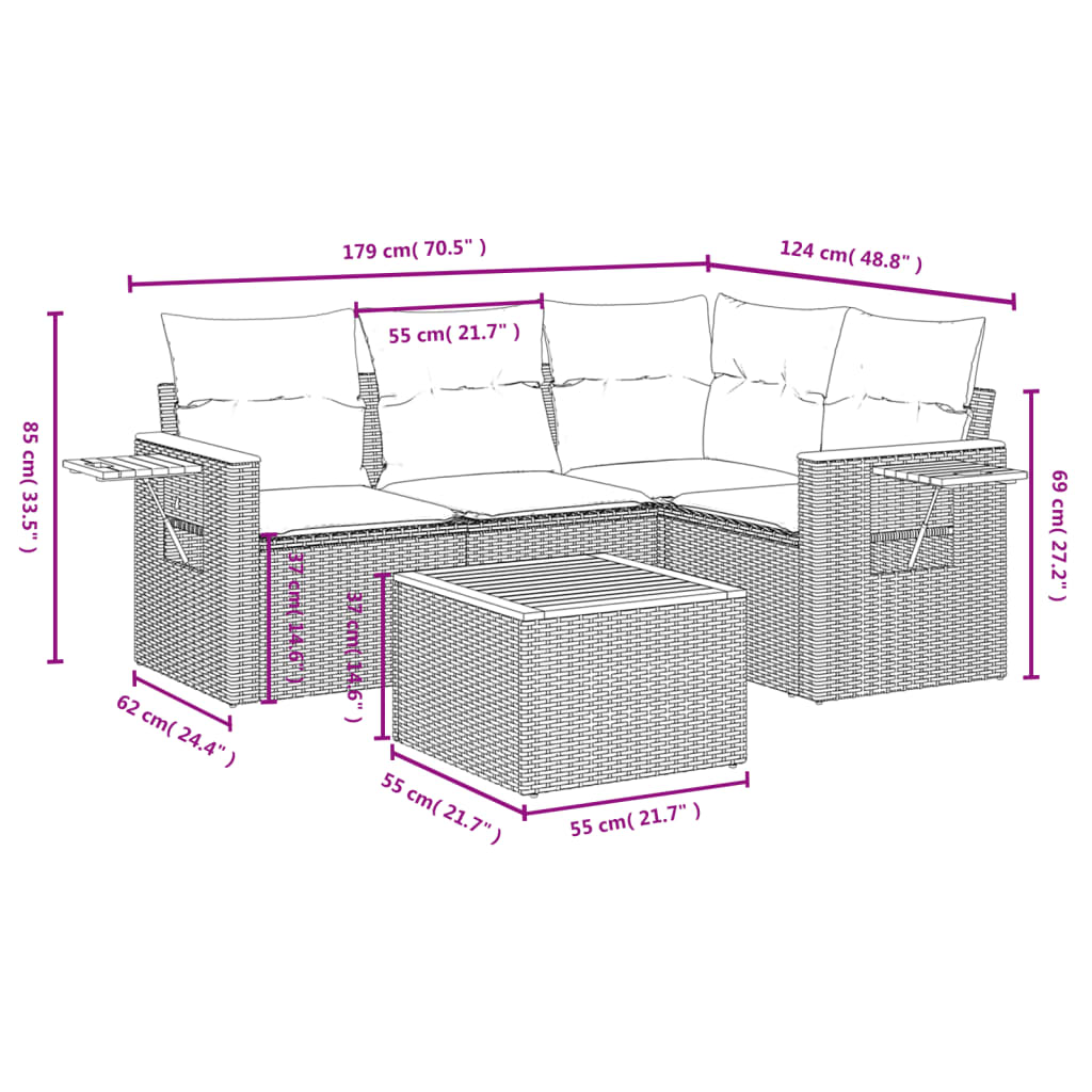 Set Divano da Giardino 5 pz con Cuscini-Sofa da Giardino-Divanetto da esterno Grigio in Polyrattan 687002
