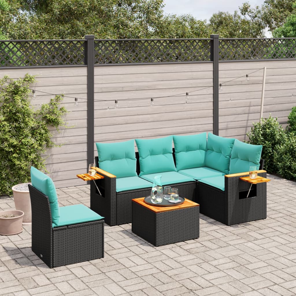 Set Divani da Giardino 6 pz con Cuscini Nero in Polyrattan