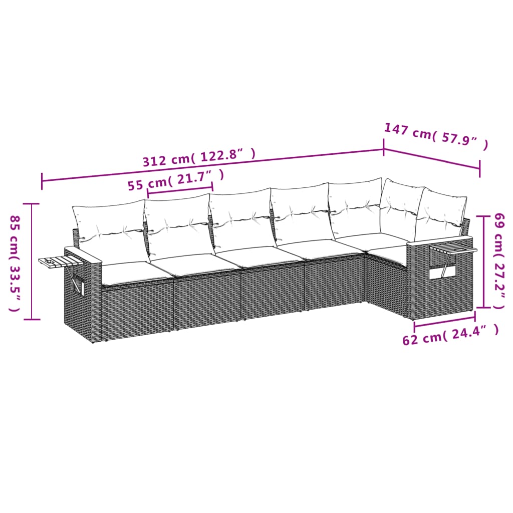 Set Divano da Giardino 6 pz con Cuscini Nero in Polyrattan 3226825