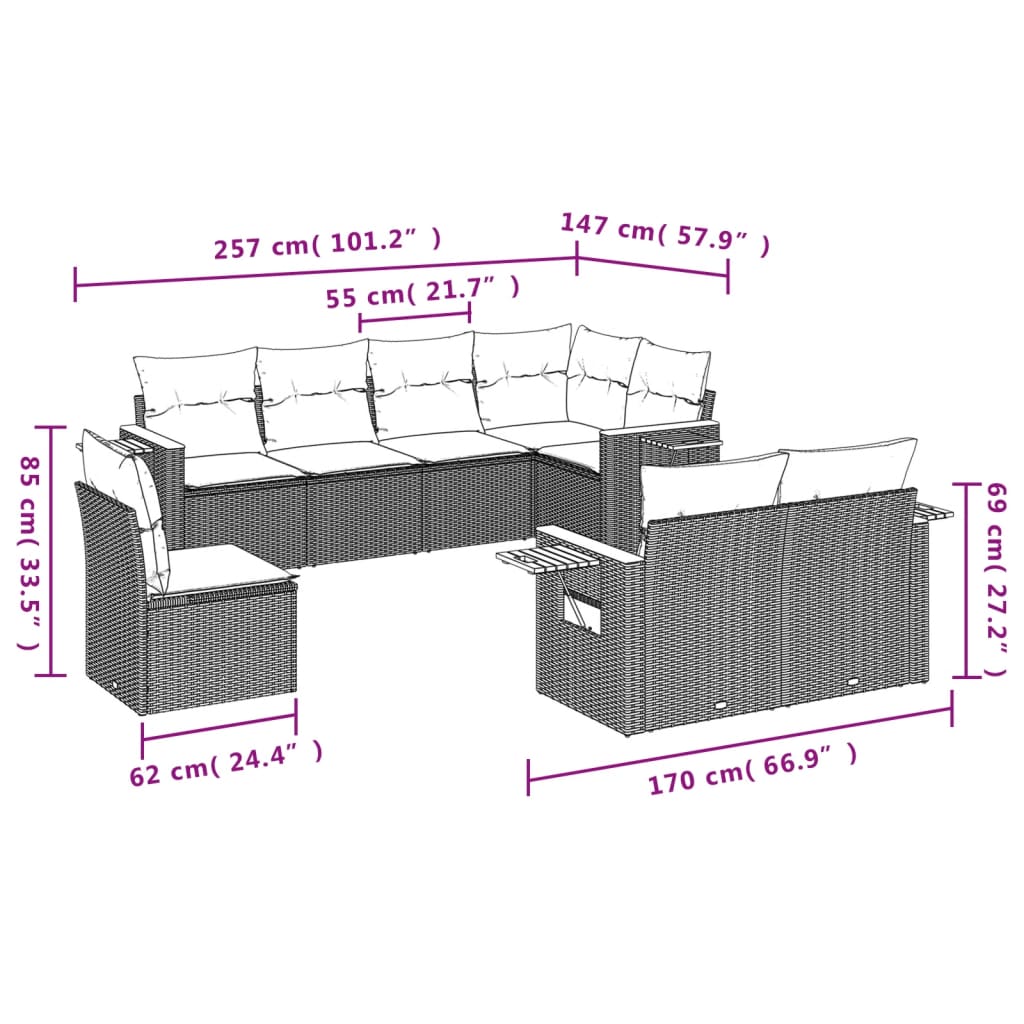 Set Divani da Giardino 8 pz con Cuscini Nero in Polyrattan 3227002