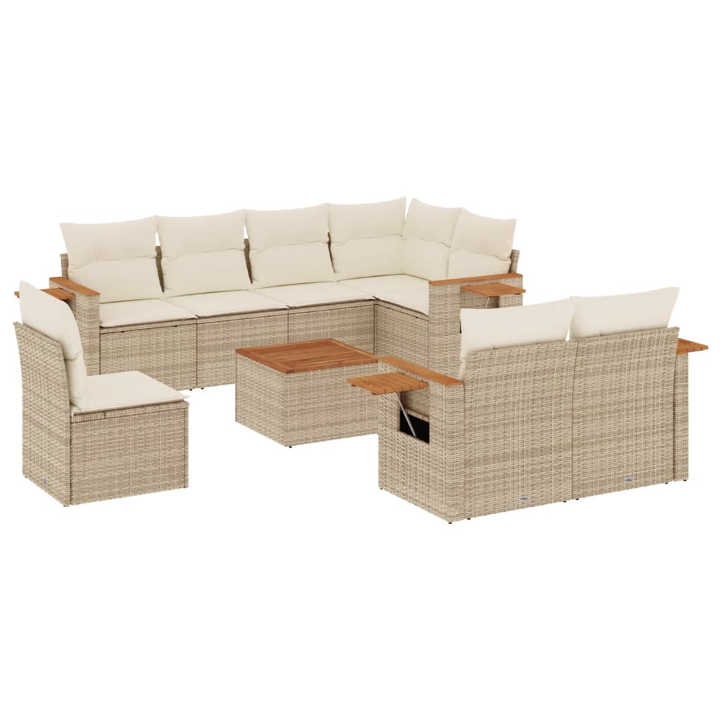 Set Divano da Giardino 9 pz con Cuscini Beige in Polyrattan