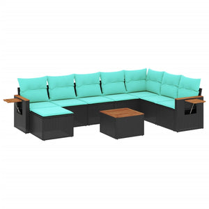 Set Divani da Giardino 9 pz con Cuscini Nero in Polyrattan